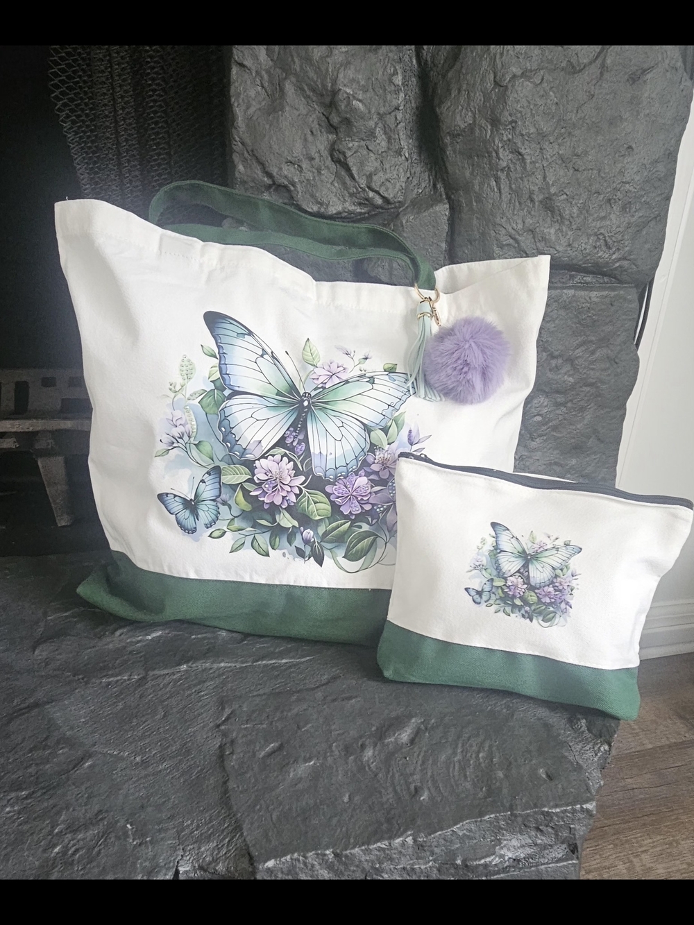 Canvas Butterfly Tote Bag and Pouch - Green and White